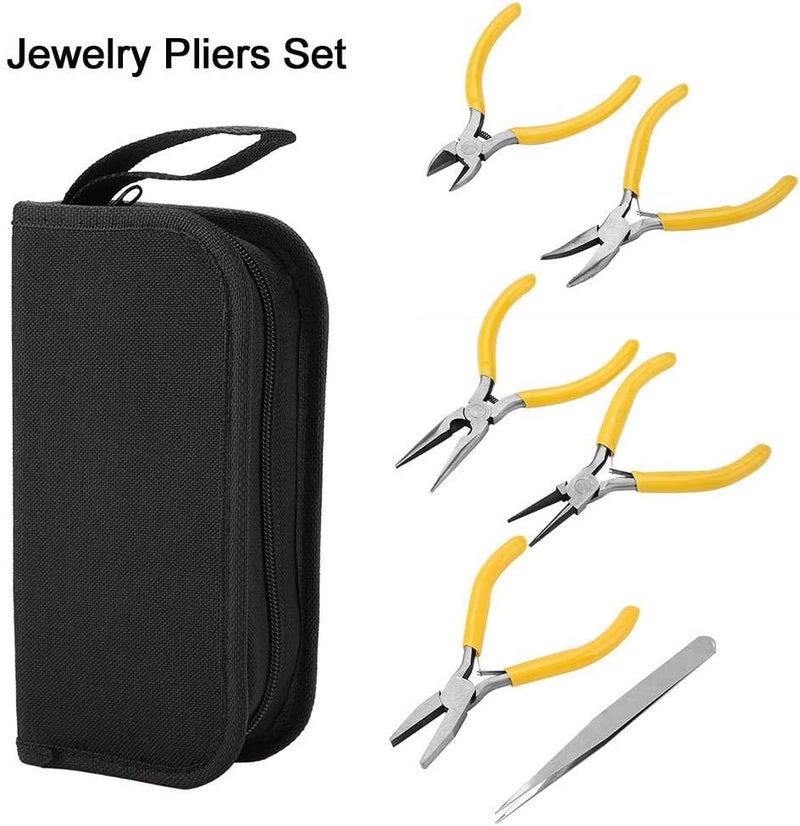 woobles 6Pcs Jewellery Pliers Tools Kit 4.9inch Bent Nose Pliers 4.9inch Round Nose Pliers 4.7inch Diagonal Side Pliers 6.3inch Needle Nose Pliers 4.9inch Flat Nose Pliers Tweezer Set with Storage Box - Image 4
